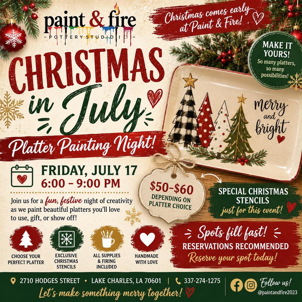 Christmas in July Platter Painting Night flyer - Friday July 17, 6-9pm at Paint and Fire