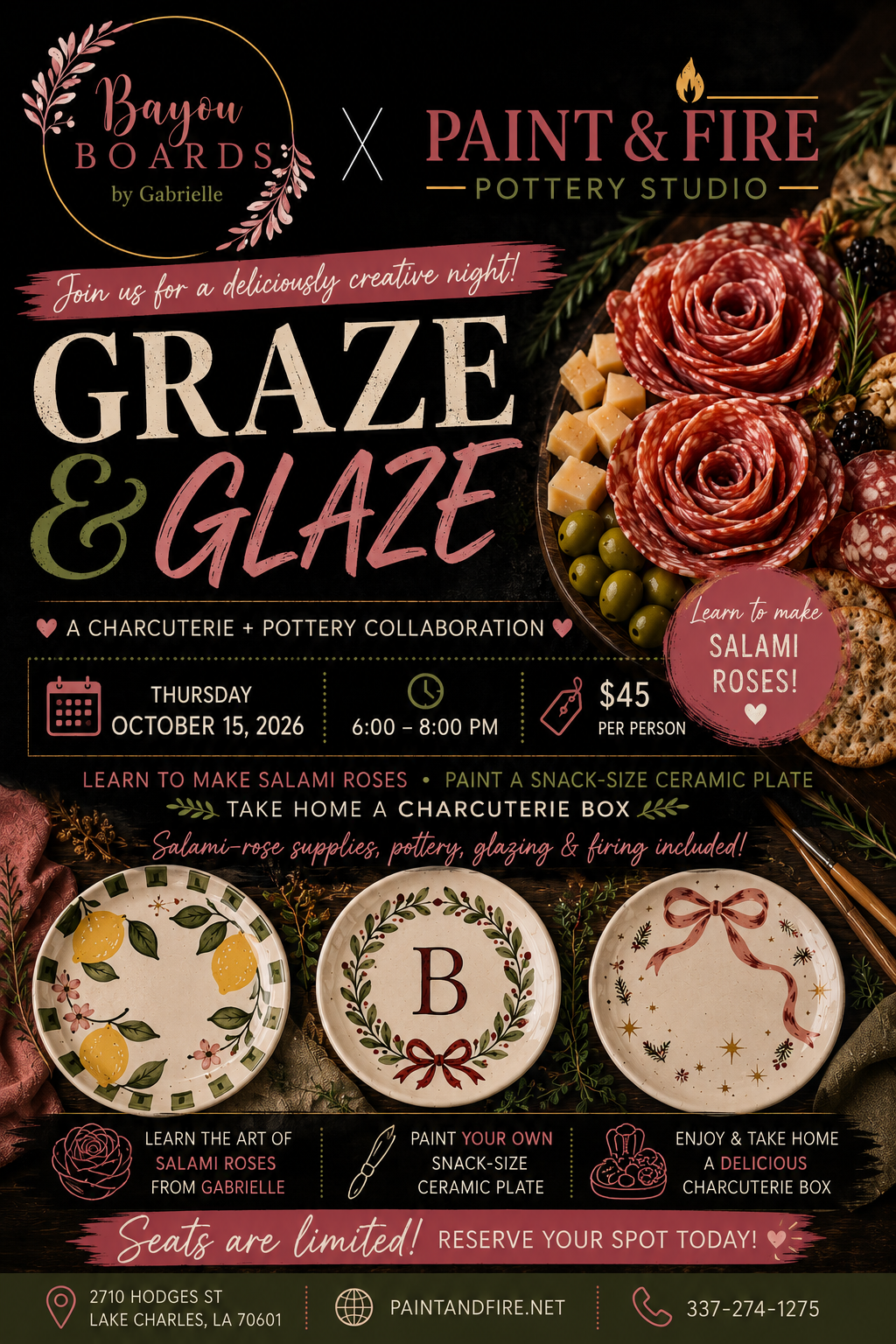 Graze & Glaze: A Bayou Boards x Paint & Fire Collaboration – October 15 (6–8pm)
