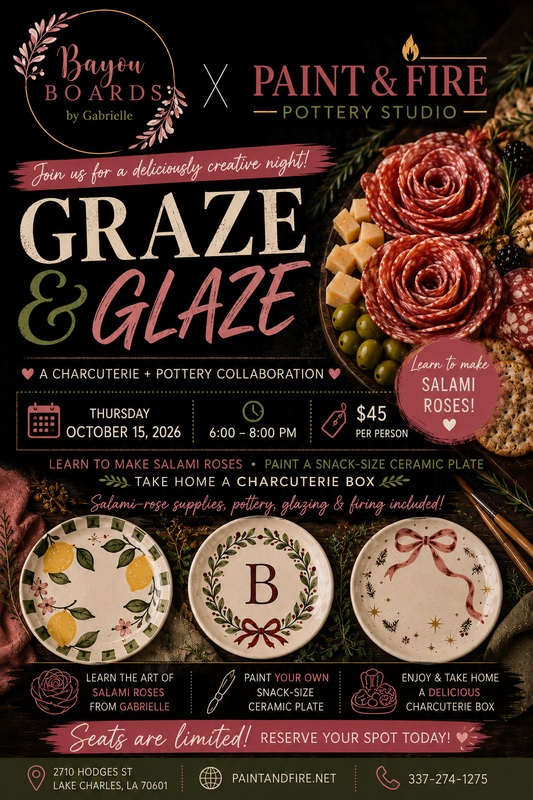 Graze & Glaze: A Bayou Boards x Paint & Fire Collaboration – October 15 (6–8pm)